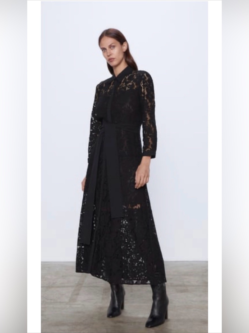 Black Lace Long-Sleeve Maxi Dress with Sash